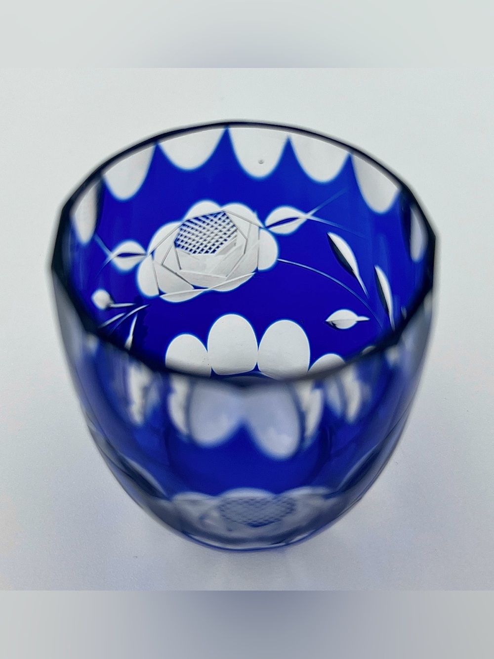 Vintage 1970’s Japanese Kiriko Cobalt Blue "Rose" Toothpick Holder Art Glass